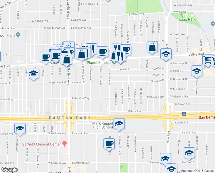 map of restaurants, bars, coffee shops, grocery stores, and more near 1615 South Almansor Street in Alhambra