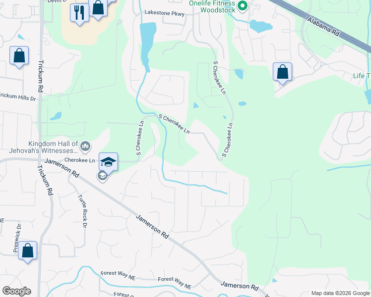 map of restaurants, bars, coffee shops, grocery stores, and more near 2750 South Cherokee Lane in Woodstock