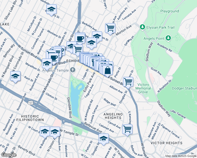 map of restaurants, bars, coffee shops, grocery stores, and more near 1076 Laguna Avenue in Los Angeles