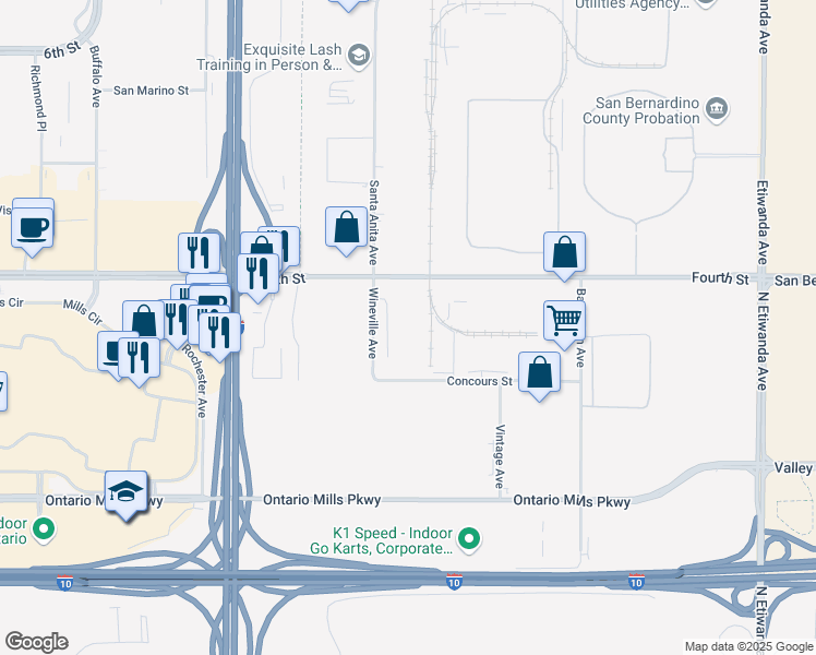 map of restaurants, bars, coffee shops, grocery stores, and more near 1060 Wineville Avenue in Ontario