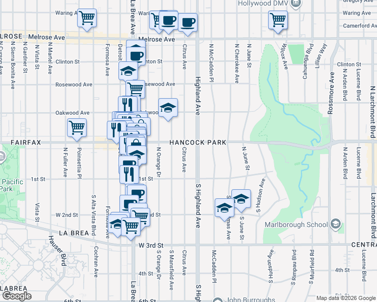 map of restaurants, bars, coffee shops, grocery stores, and more near 166N North Citrus Avenue in Los Angeles
