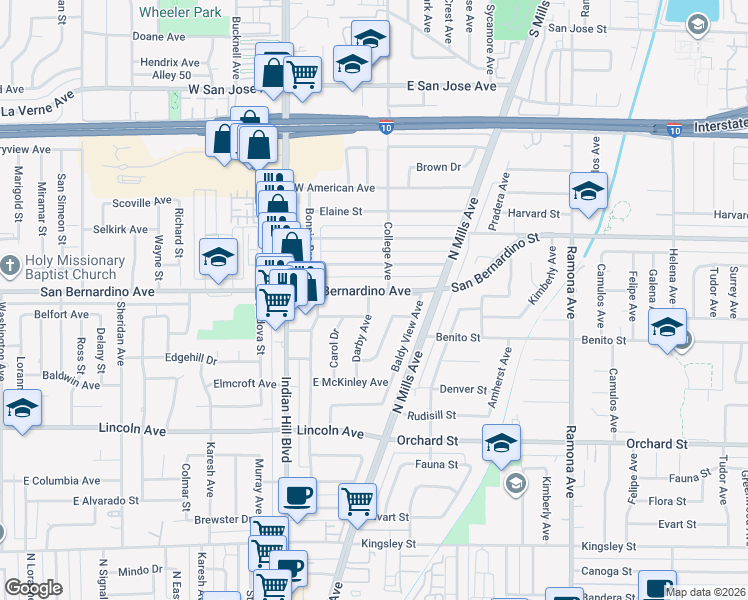 map of restaurants, bars, coffee shops, grocery stores, and more near 1776 San Bernardino Avenue in Pomona