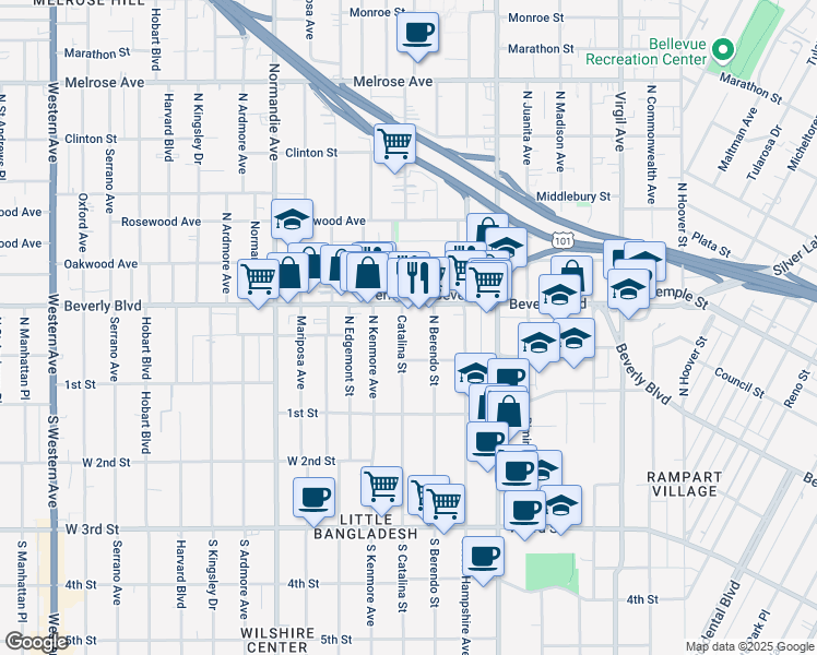 map of restaurants, bars, coffee shops, grocery stores, and more near 233 North Berendo Street in Los Angeles