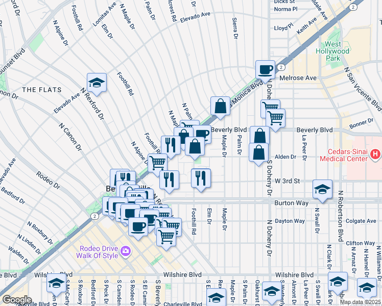 map of restaurants, bars, coffee shops, grocery stores, and more near 403 Foothill Road in Beverly Hills
