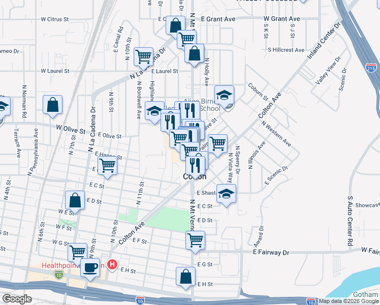map of restaurants, bars, coffee shops, grocery stores, and more near 1045 North Mount Vernon Avenue in Colton
