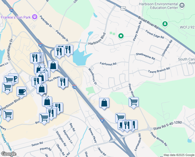 map of restaurants, bars, coffee shops, grocery stores, and more near 133 Manorwood Court in Columbia