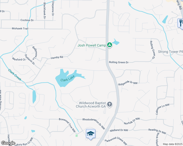 map of restaurants, bars, coffee shops, grocery stores, and more near 1400 Ridgeway Drive Northwest in Acworth