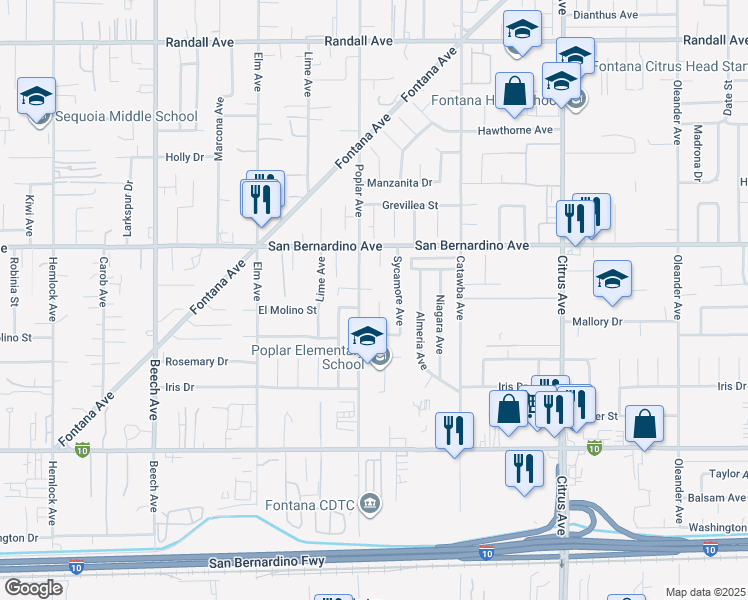 map of restaurants, bars, coffee shops, grocery stores, and more near 9802 Whitewood Ct in Fontana