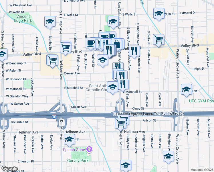 map of restaurants, bars, coffee shops, grocery stores, and more near 1850 California Street in San Gabriel