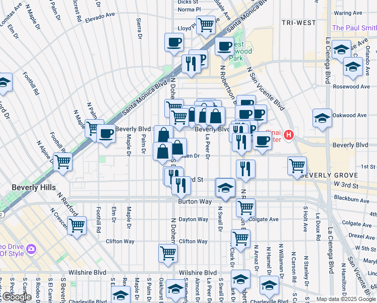 map of restaurants, bars, coffee shops, grocery stores, and more near 100 North Wetherly Drive in Los Angeles