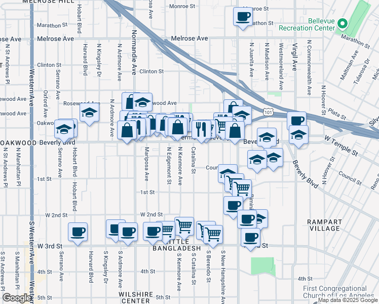 map of restaurants, bars, coffee shops, grocery stores, and more near 237 Catalina Street in Los Angeles