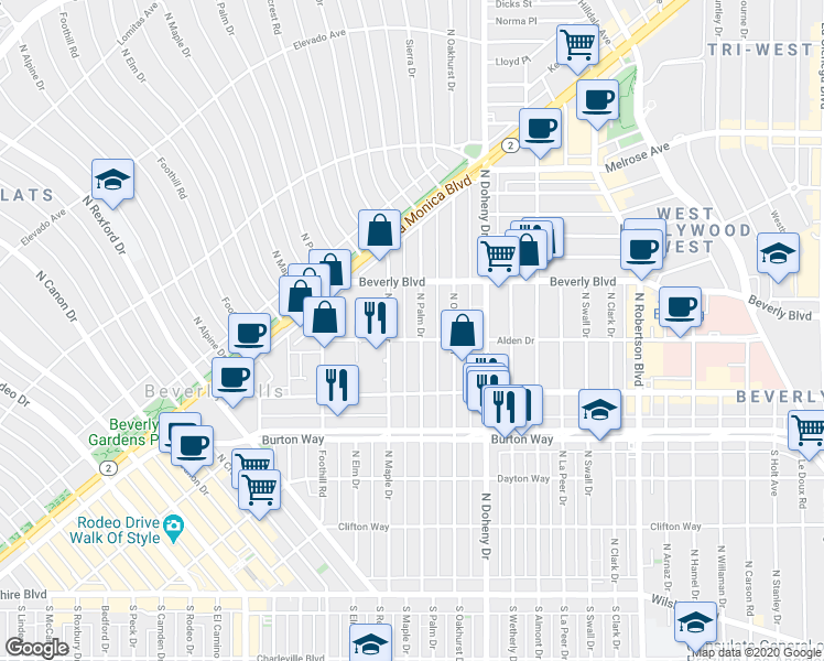 map of restaurants, bars, coffee shops, grocery stores, and more near 403 North Palm Drive in Beverly Hills