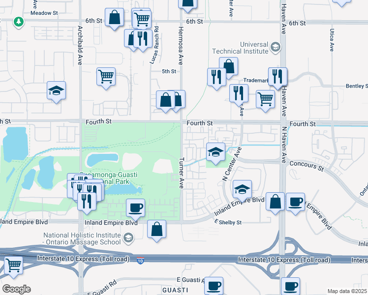 map of restaurants, bars, coffee shops, grocery stores, and more near 1024 Turner Avenue in Ontario