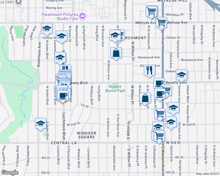 map of restaurants, bars, coffee shops, grocery stores, and more near 234 North Norton Avenue in Los Angeles