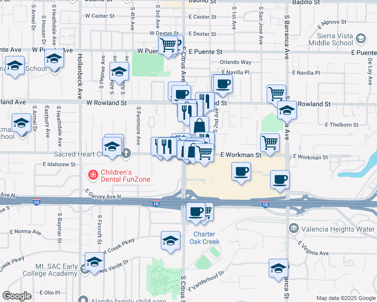 map of restaurants, bars, coffee shops, grocery stores, and more near 770 S Citrus Ave in Covina