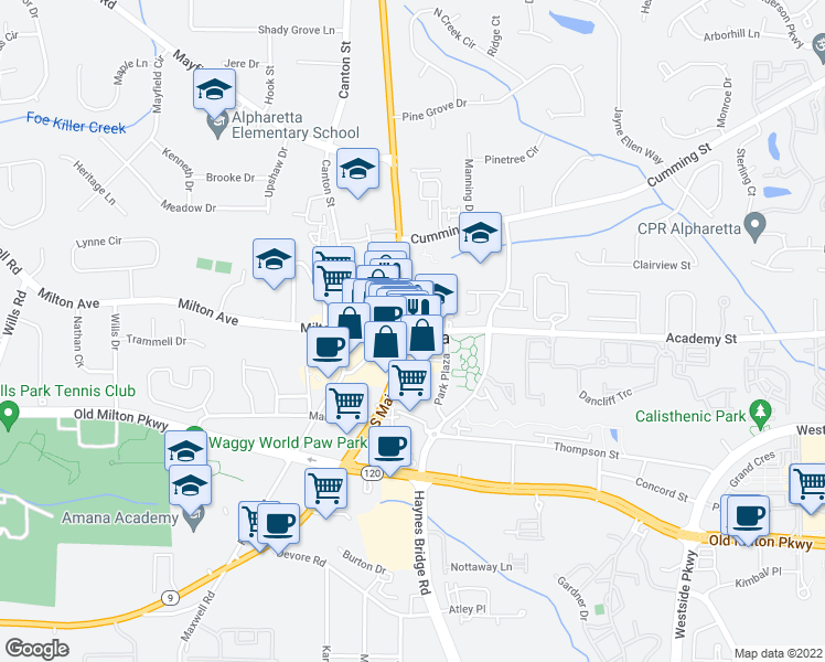 map of restaurants, bars, coffee shops, grocery stores, and more near 1-17 Academy Street in Alpharetta