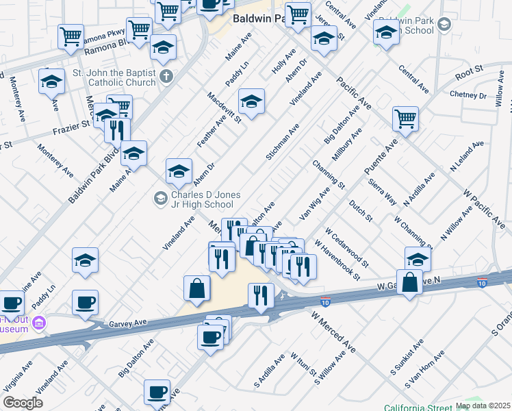 map of restaurants, bars, coffee shops, grocery stores, and more near 14388 Telluride Drive in Baldwin Park