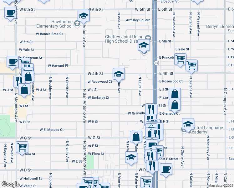 map of restaurants, bars, coffee shops, grocery stores, and more near 524 West Berkeley Court in Ontario