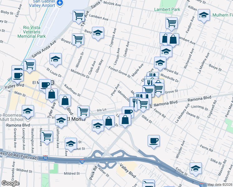 map of restaurants, bars, coffee shops, grocery stores, and more near 11400 Montecito Drive in El Monte