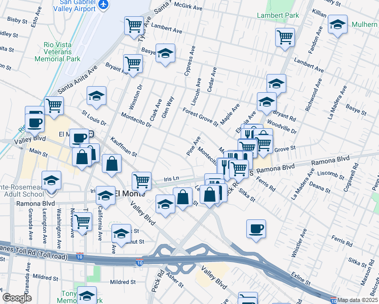 map of restaurants, bars, coffee shops, grocery stores, and more near 3713 Pine Avenue in El Monte