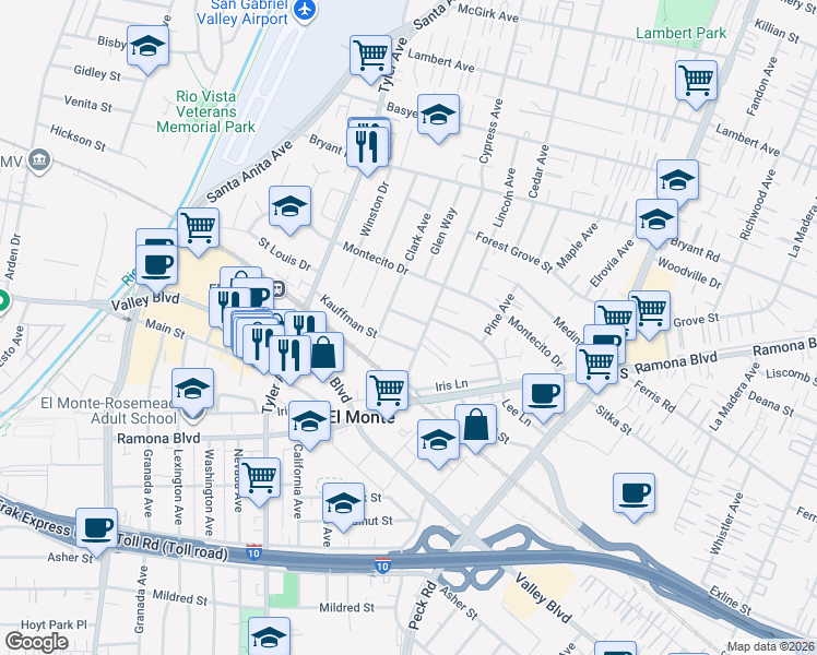 map of restaurants, bars, coffee shops, grocery stores, and more near 11159 Kauffman Street in El Monte