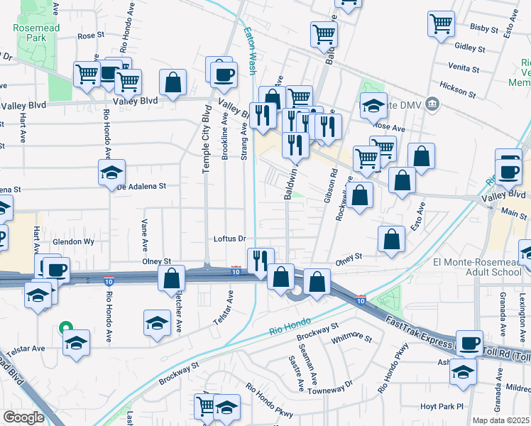 map of restaurants, bars, coffee shops, grocery stores, and more near 9915 Marshall Street in El Monte