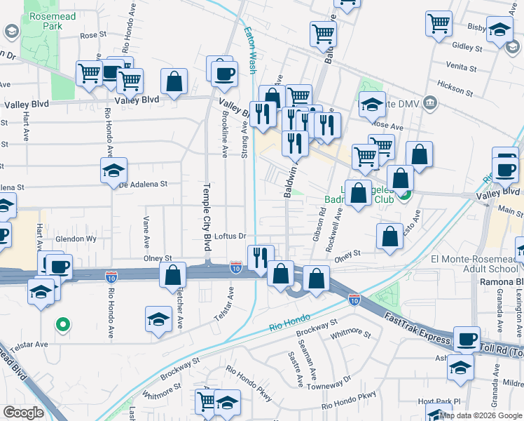 map of restaurants, bars, coffee shops, grocery stores, and more near 9915 Marshall Street in El Monte
