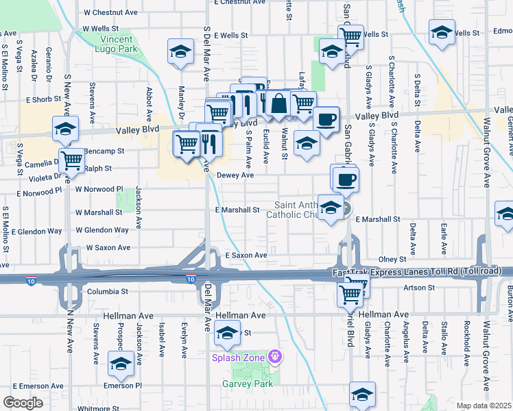 map of restaurants, bars, coffee shops, grocery stores, and more near 333 East Marshall Street in San Gabriel
