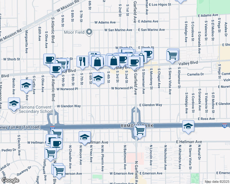 map of restaurants, bars, coffee shops, grocery stores, and more near 1610 South 4th Street in Alhambra
