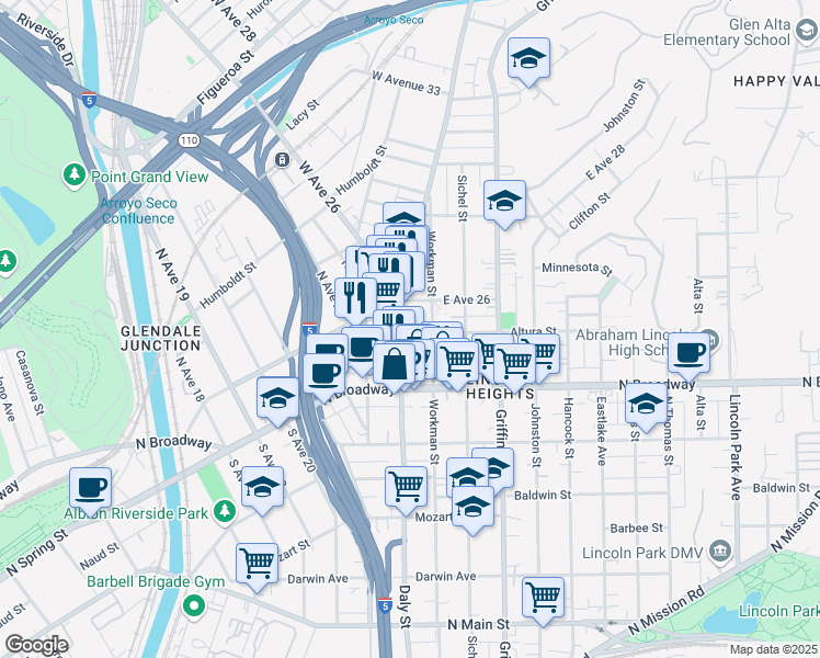map of restaurants, bars, coffee shops, grocery stores, and more near 2501 Workman Street in Los Angeles