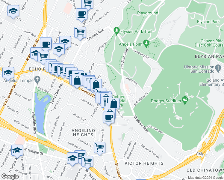 map of restaurants, bars, coffee shops, grocery stores, and more near 1347 Douglas Street in Los Angeles
