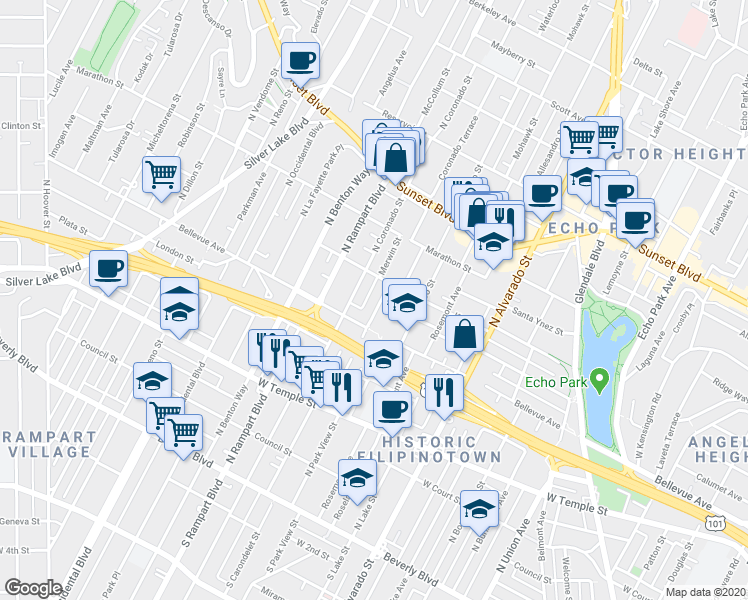 map of restaurants, bars, coffee shops, grocery stores, and more near 627 Coronado Terrace in Los Angeles