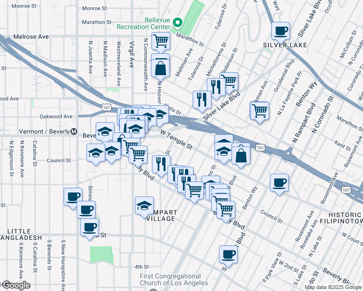 map of restaurants, bars, coffee shops, grocery stores, and more near 245 Robinson Street in Los Angeles