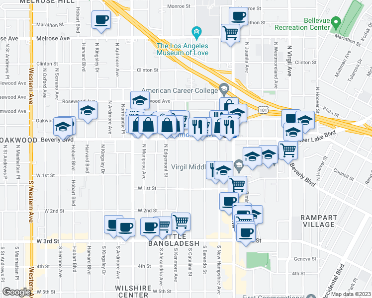 map of restaurants, bars, coffee shops, grocery stores, and more near 237 North Catalina Street in Los Angeles
