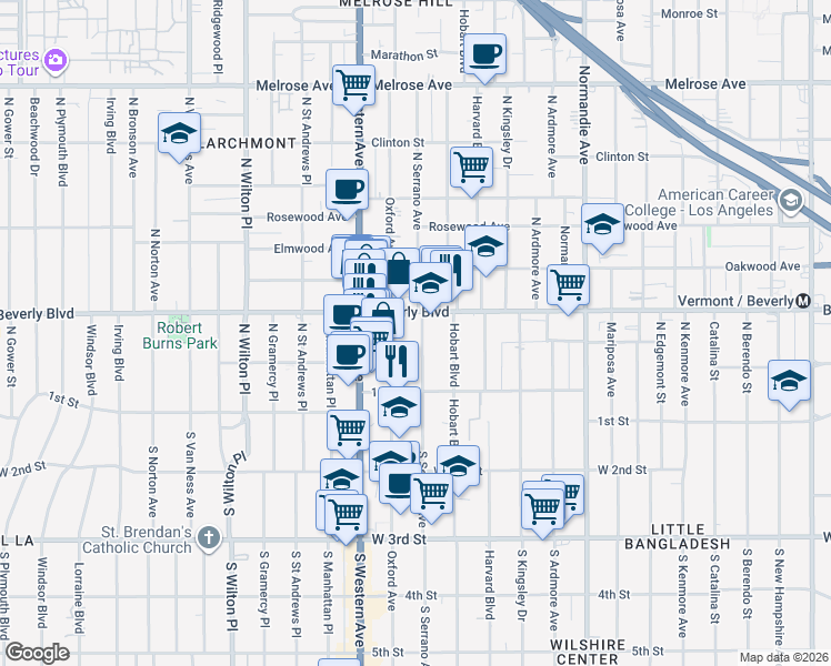 map of restaurants, bars, coffee shops, grocery stores, and more near 206 North Serrano Avenue in Los Angeles