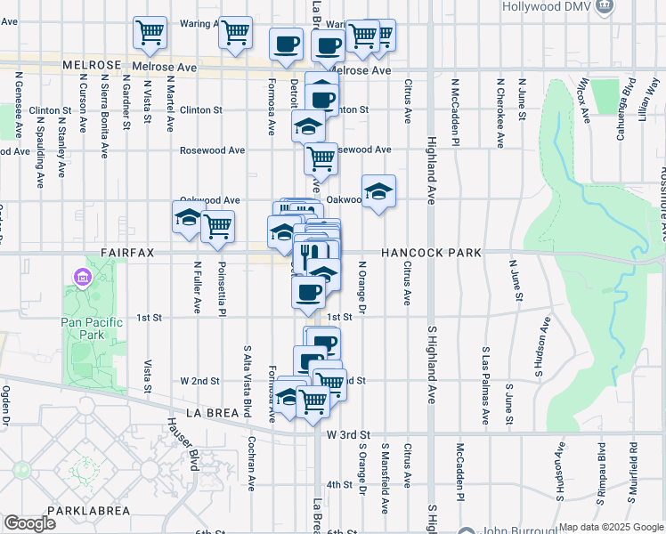 map of restaurants, bars, coffee shops, grocery stores, and more near 162a North La Brea Avenue in Los Angeles
