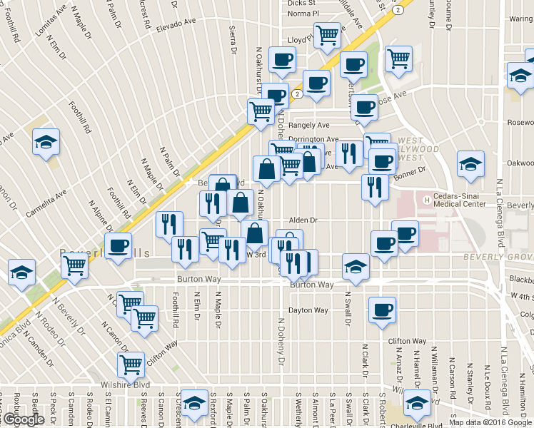 map of restaurants, bars, coffee shops, grocery stores, and more near 400 North Oakhurst Drive in Beverly Hills