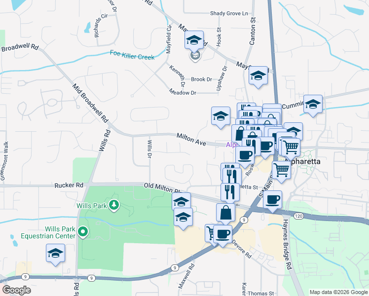 map of restaurants, bars, coffee shops, grocery stores, and more near 202 Trammell Place in Alpharetta