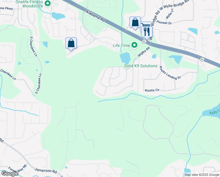 map of restaurants, bars, coffee shops, grocery stores, and more near 449 Highlands Loop in Woodstock
