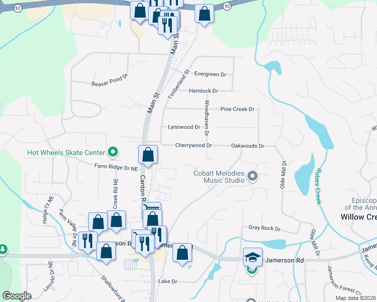 map of restaurants, bars, coffee shops, grocery stores, and more near 218 Cherrywood Drive in Woodstock