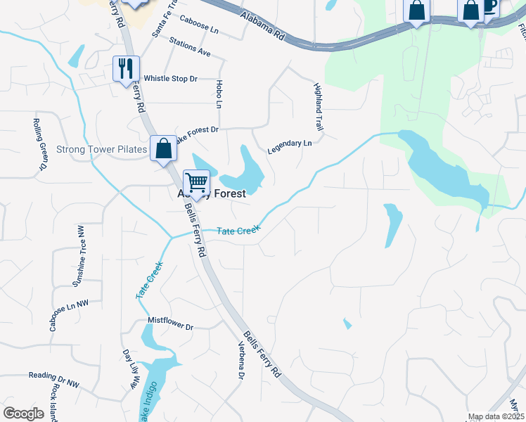 map of restaurants, bars, coffee shops, grocery stores, and more near 601 Ashley Forest Drive Northwest in Acworth