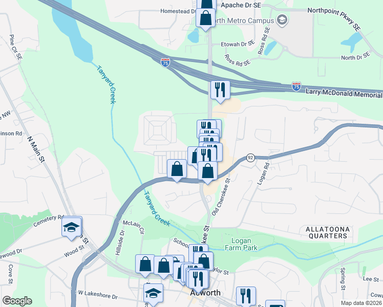 map of restaurants, bars, coffee shops, grocery stores, and more near 4114 Mars Bay in Acworth
