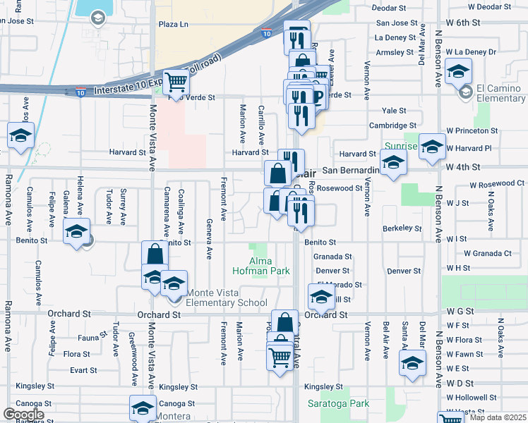 map of restaurants, bars, coffee shops, grocery stores, and more near 5193 Steamboat Drive in Montclair