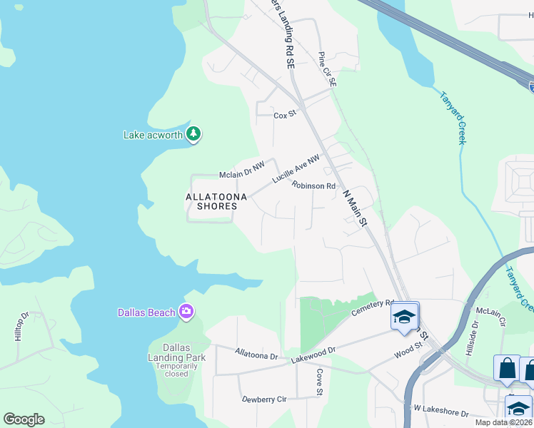 map of restaurants, bars, coffee shops, grocery stores, and more near Hunters Cove Drive in Acworth