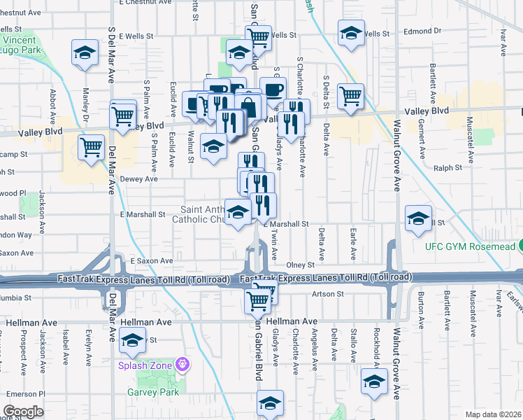 map of restaurants, bars, coffee shops, grocery stores, and more near 1848A South San Gabriel Boulevard in San Gabriel