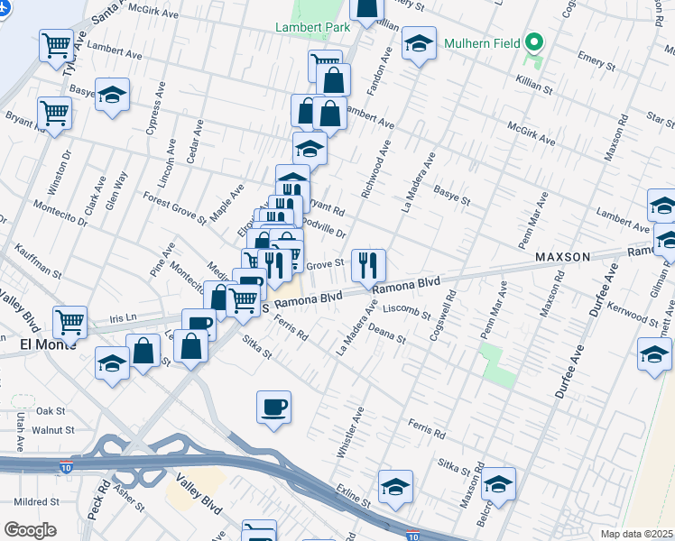 map of restaurants, bars, coffee shops, grocery stores, and more near 11696 Forest Grove Street in El Monte