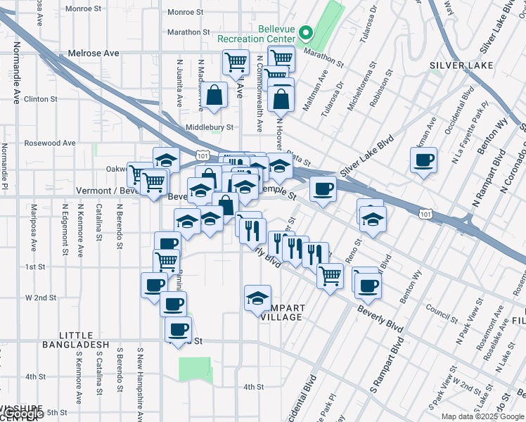 map of restaurants, bars, coffee shops, grocery stores, and more near 221 CommonwealthPlace in Los Angeles
