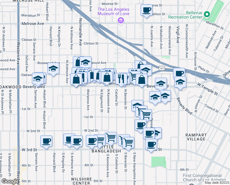 map of restaurants, bars, coffee shops, grocery stores, and more near 237 Catalina Street in Los Angeles