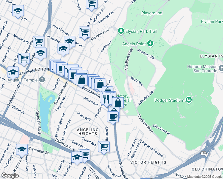 map of restaurants, bars, coffee shops, grocery stores, and more near 1347 Douglas Street in Los Angeles