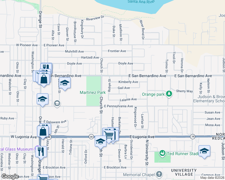 map of restaurants, bars, coffee shops, grocery stores, and more near 853 Denise Avenue in Redlands